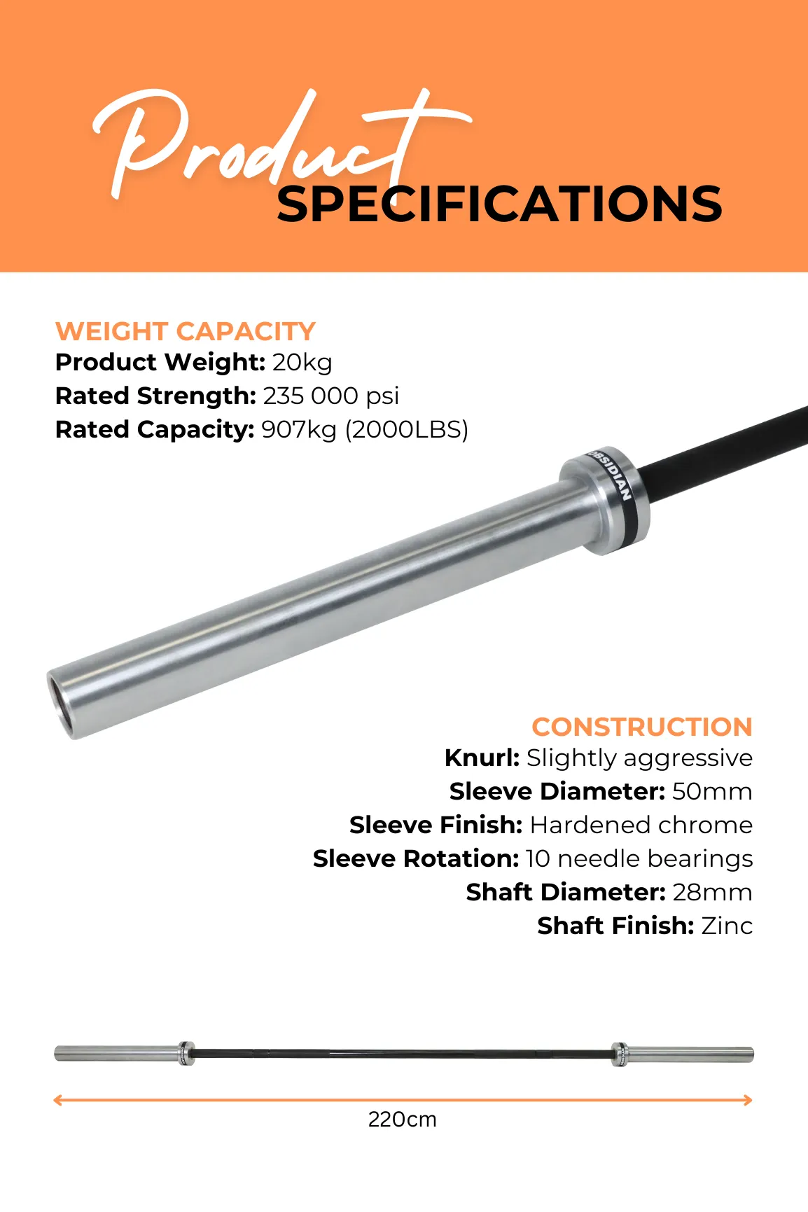 Body Iron 7ft Obsidian Commercial Olympic Barbell Rated 2000lbs