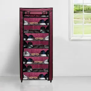 PHILOSHOP Heavy Duty 9-Layer DIY Multi-Storage Rack Shelf Metal Shoe Stand (Maroon, Metal)