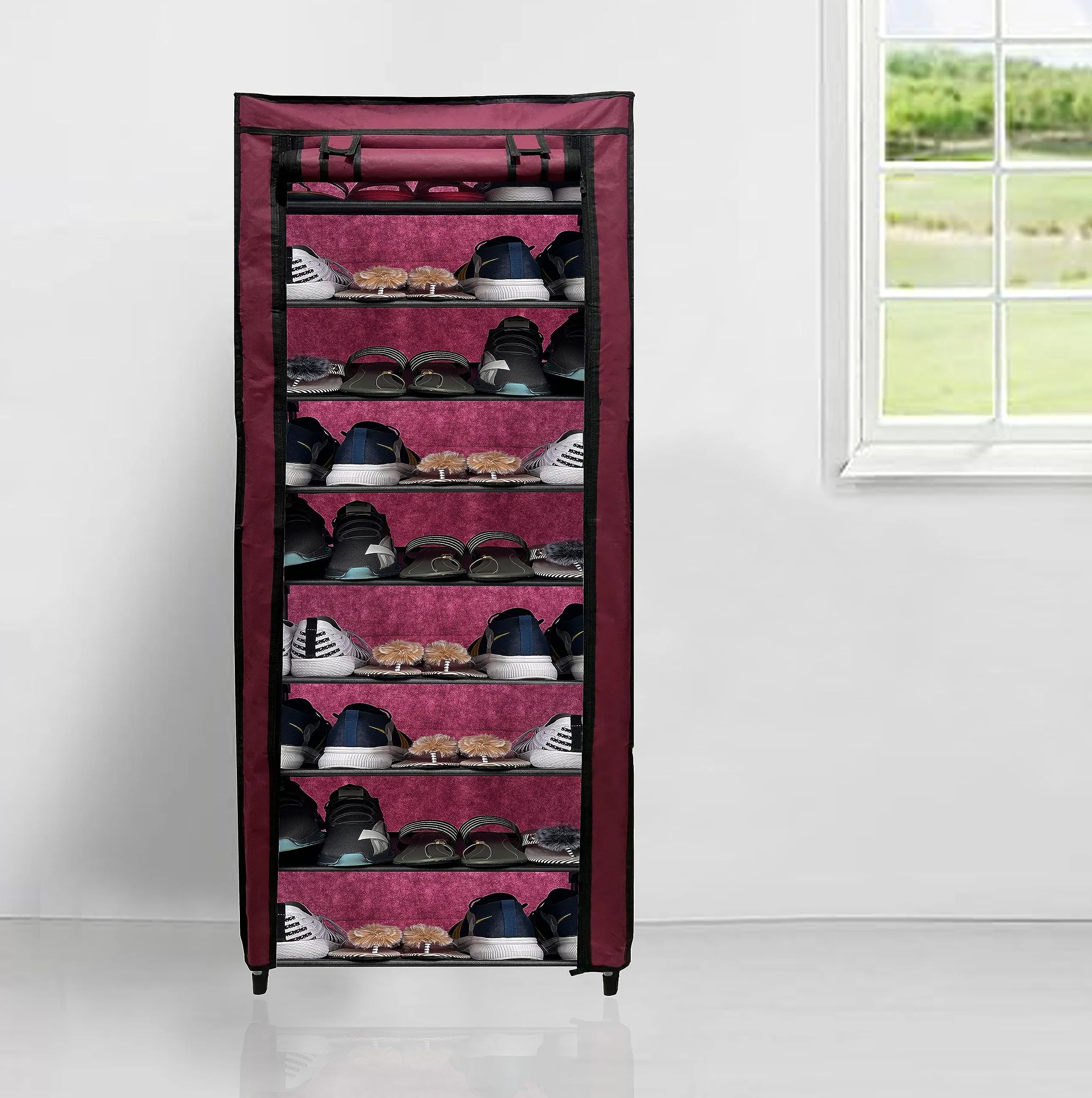 PHILOSHOP Heavy Duty 9-Layer DIY Multi-Storage Rack Shelf Metal Shoe Stand (Maroon, Metal)
