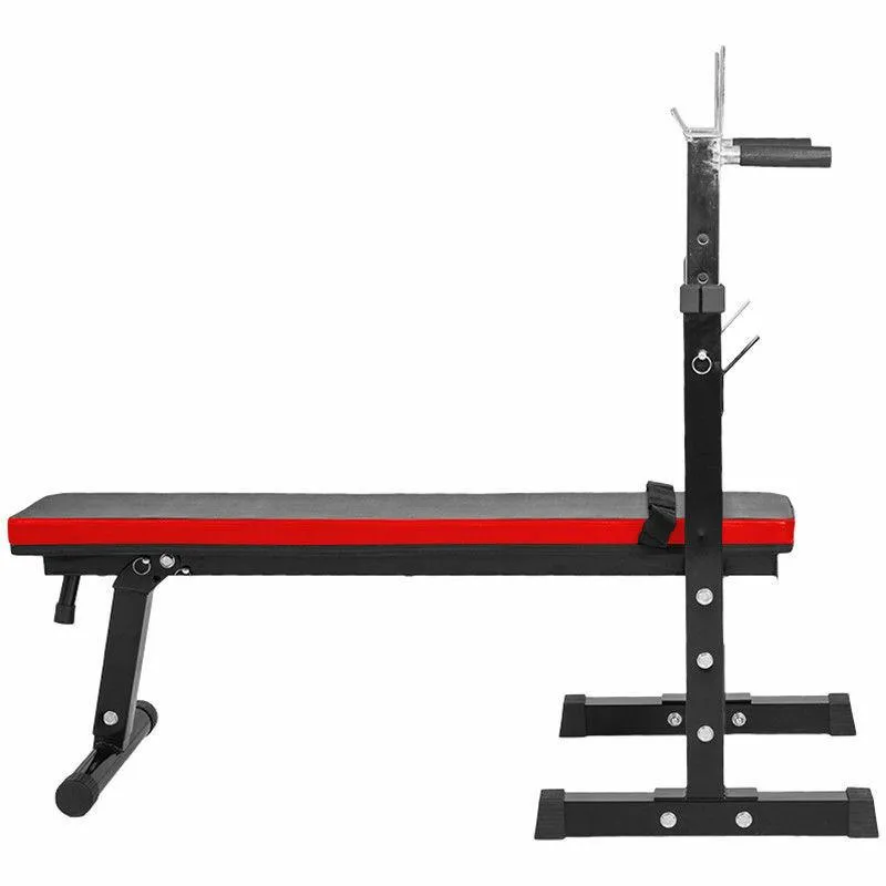 TnP Accessories Folding Flat Weight Bench with Dipping Station and Barbell Rack
